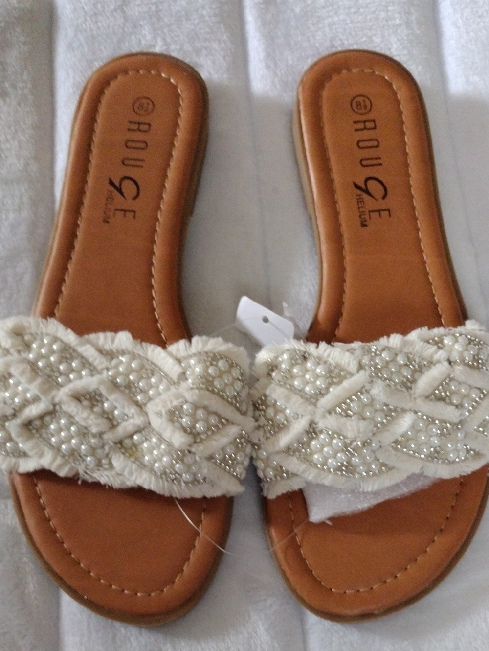 Rouge Helium Cream Braided Pearl-Embellished Slide Sandals